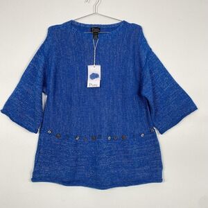NWT Pure Handknit Sweater Womens L/XL Blue Open Knit Tunic 3/4 Sleeve Pullover